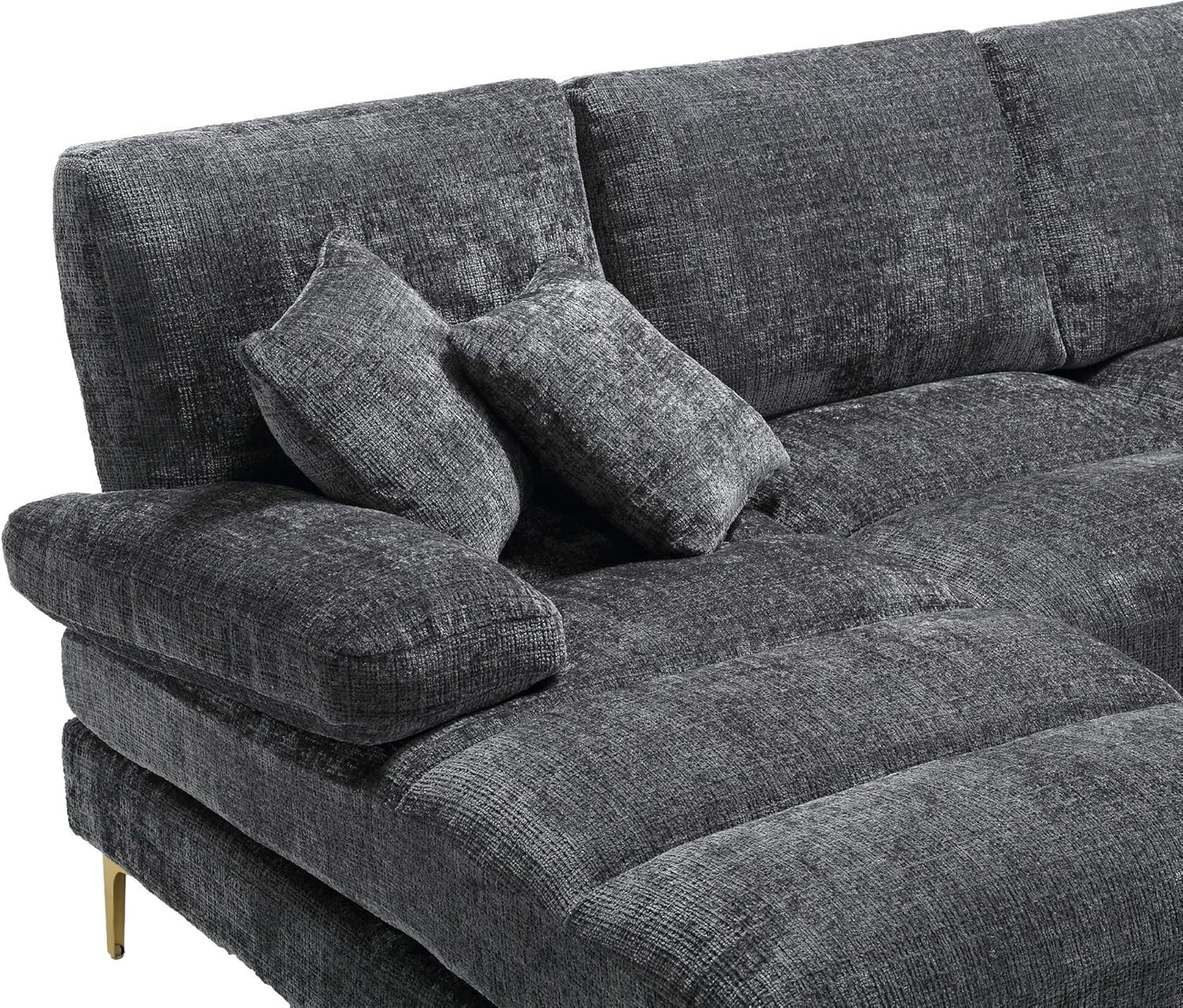 4 Seater U-Shaped Sofa Grey Chenille Sectional with Double Chaise & 4 Pillows