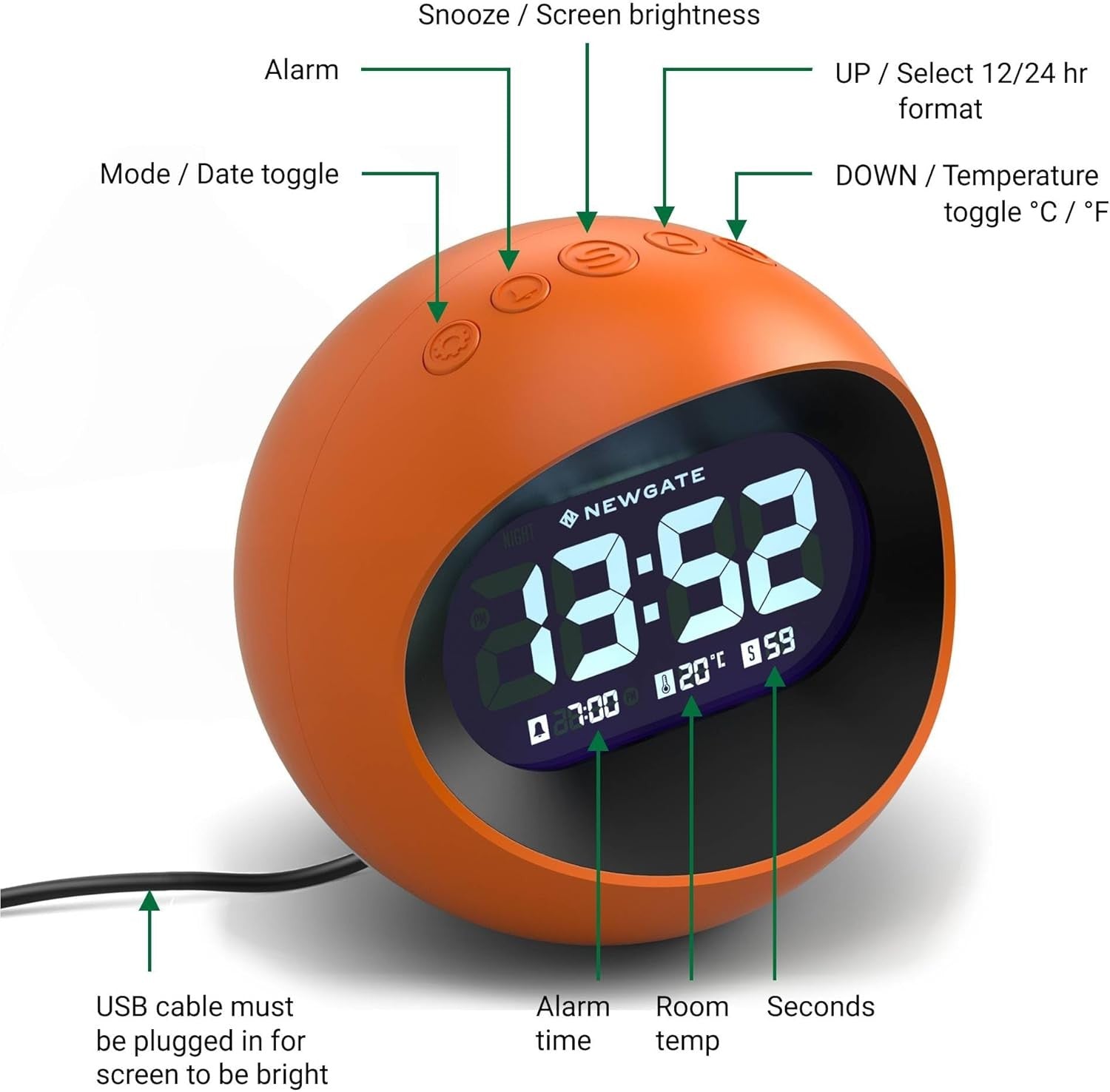 Retro Digital Alarm Clock LED Display Round Bedside Desk Clock