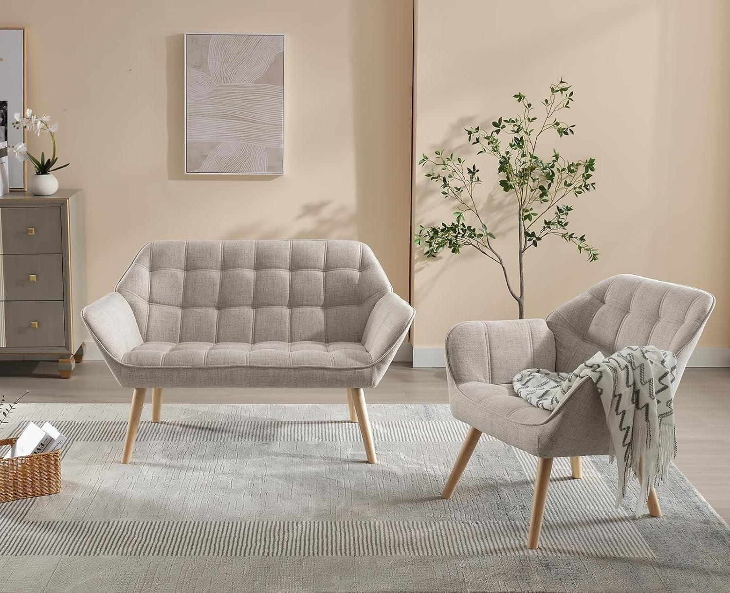 Linen Accent Armchair Beige Upholstered Tub Chair Wood Legs