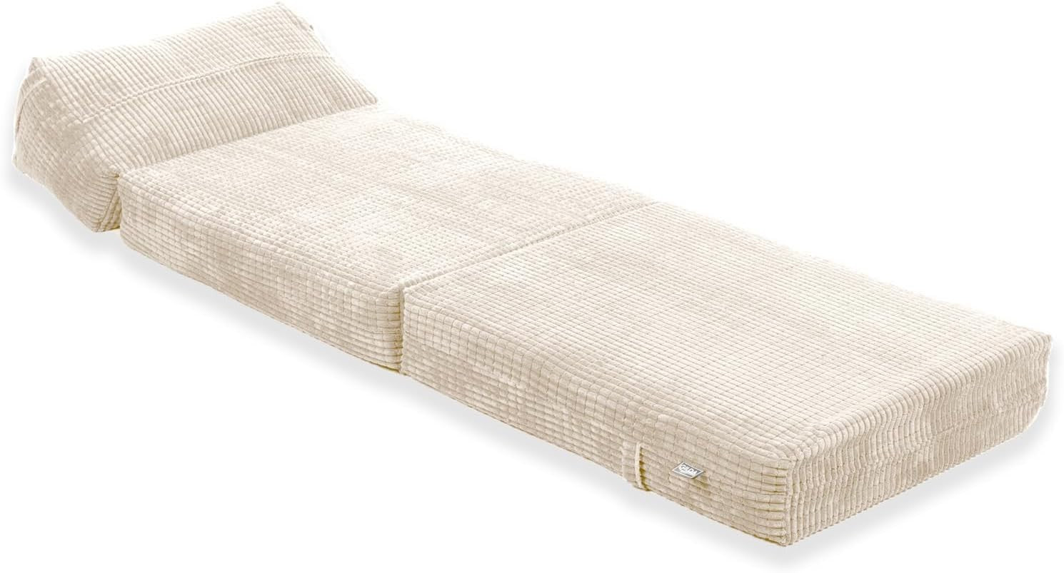 Fold Out Chair Bed Single Futon Mattress Corduroy Sofa Guest Cream