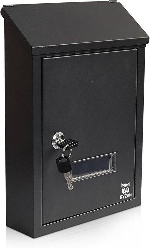 Secure Wall Mounted Mailbox Outdoor Letterbox Black Steel Lock Post Holder