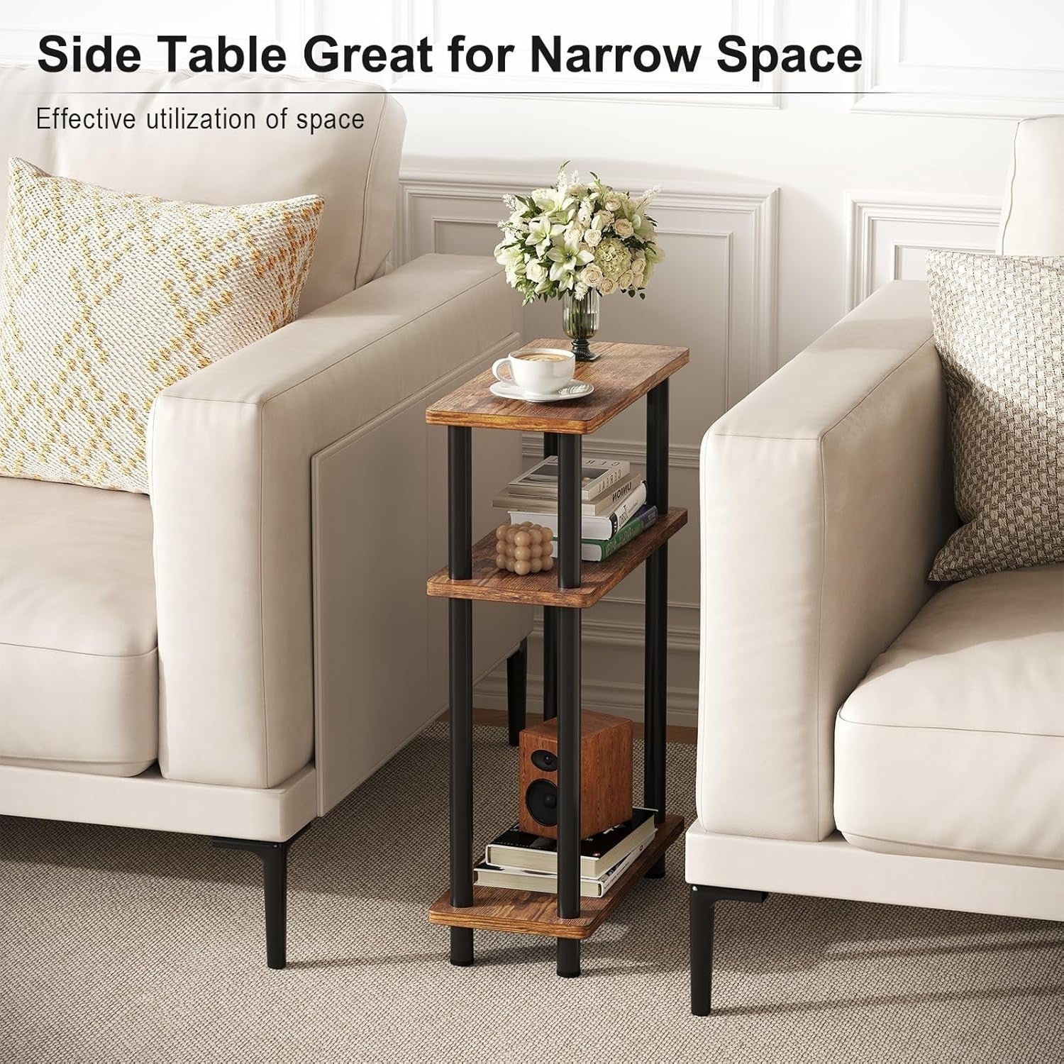Slim 3-Tier Side Table, Space-Saving Narrow End Table for Bedroom & Living Room