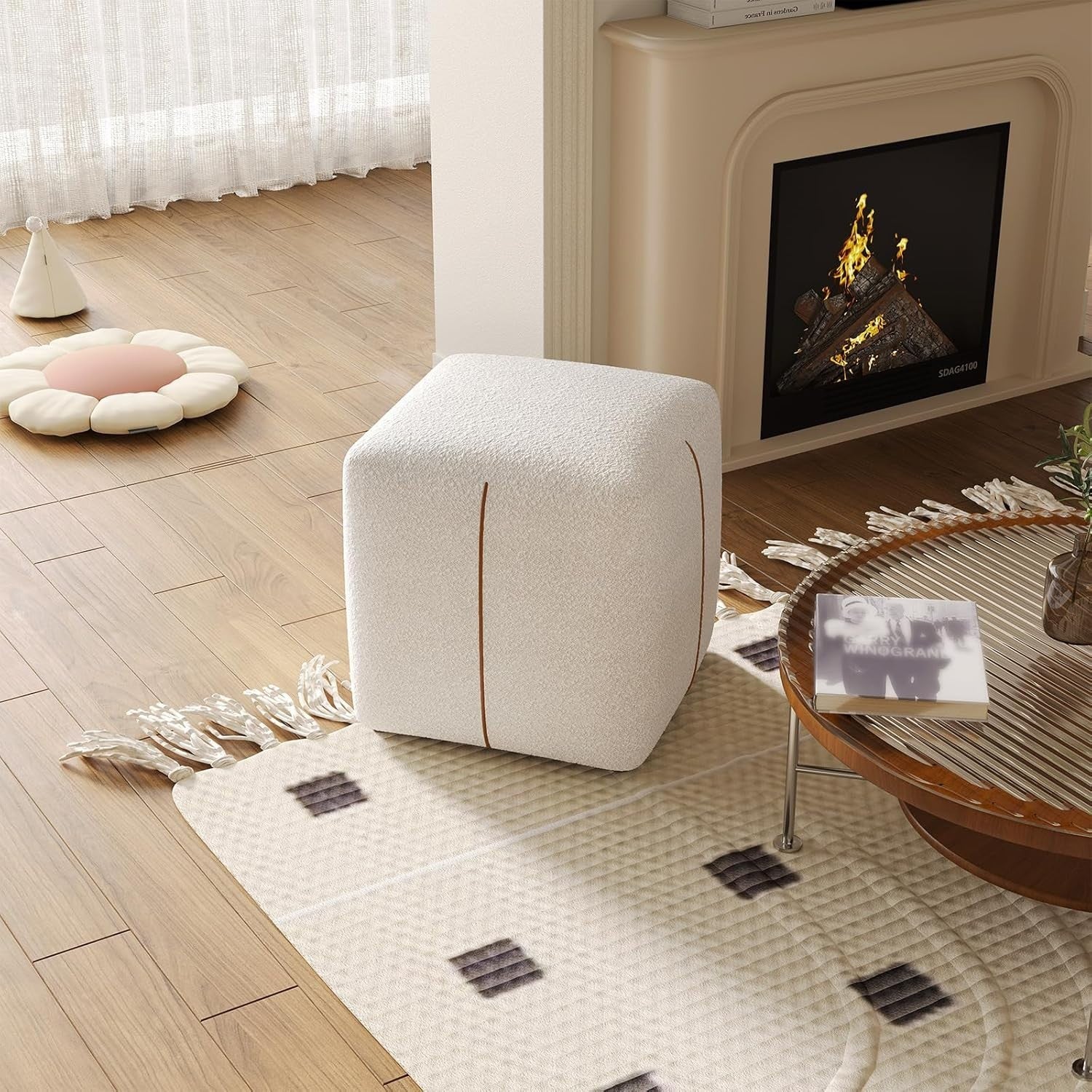 Beige Square Vanity Stool – Soft Fabric Ottoman Seat for Bedroom & Living Room