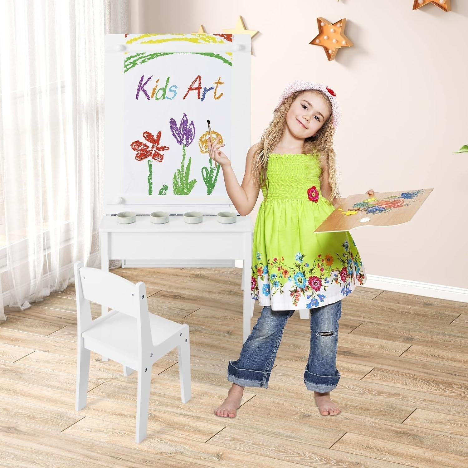 Kids 2-in-1 Art Table & Chair Set with Easel, Storage & Paper Roll, White