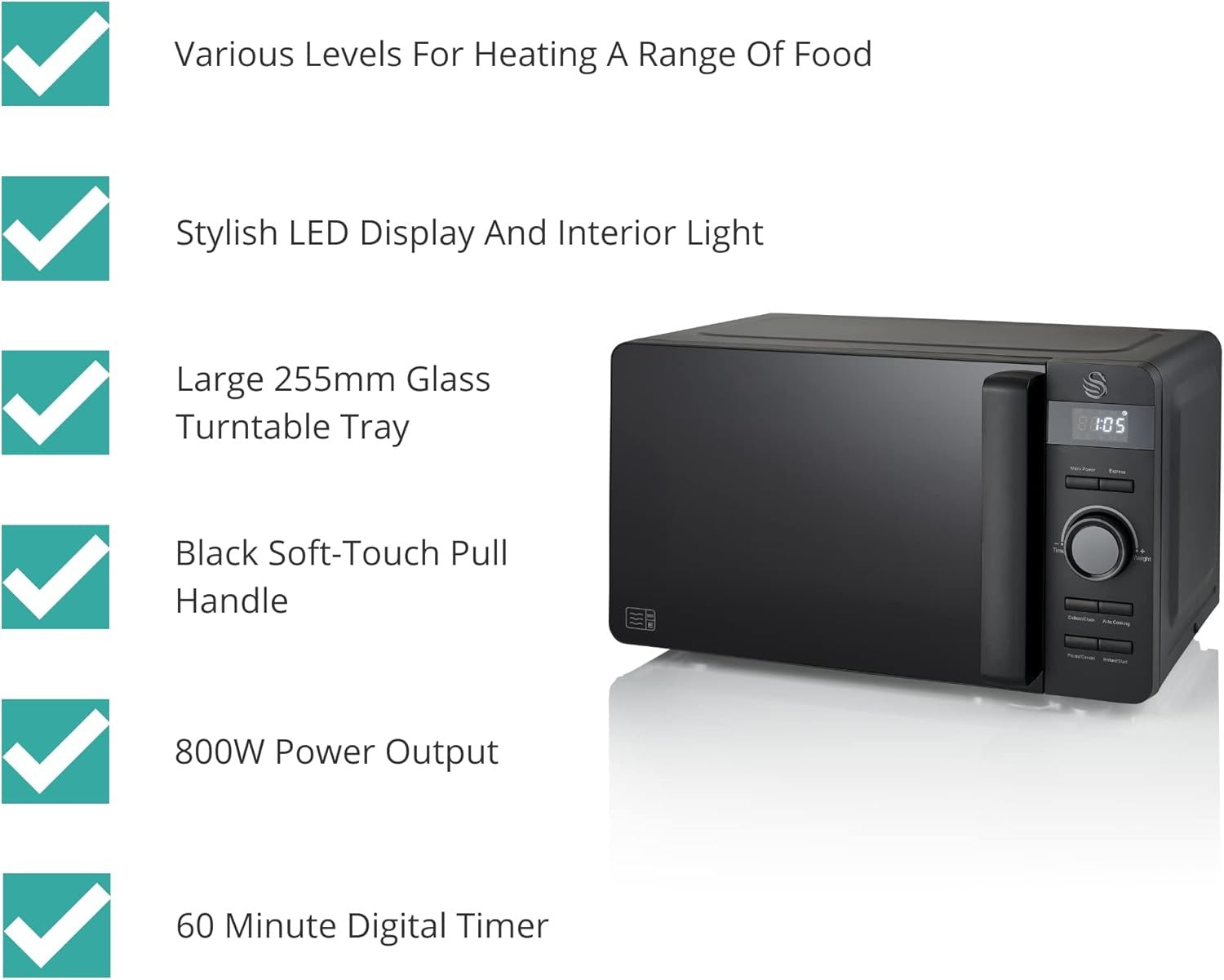 20L Digital Microwave 800W LED Defrost Glass Turntable Matte Black