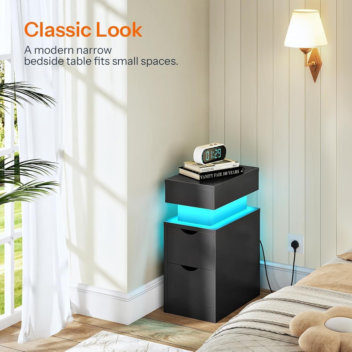 Modern Black LED Bedside Table with Charging Station & 2 Drawers