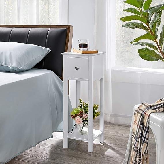 White Slim Bedside Tables Set of 2, Narrow Nightstands with Drawer & Shelf 25x25