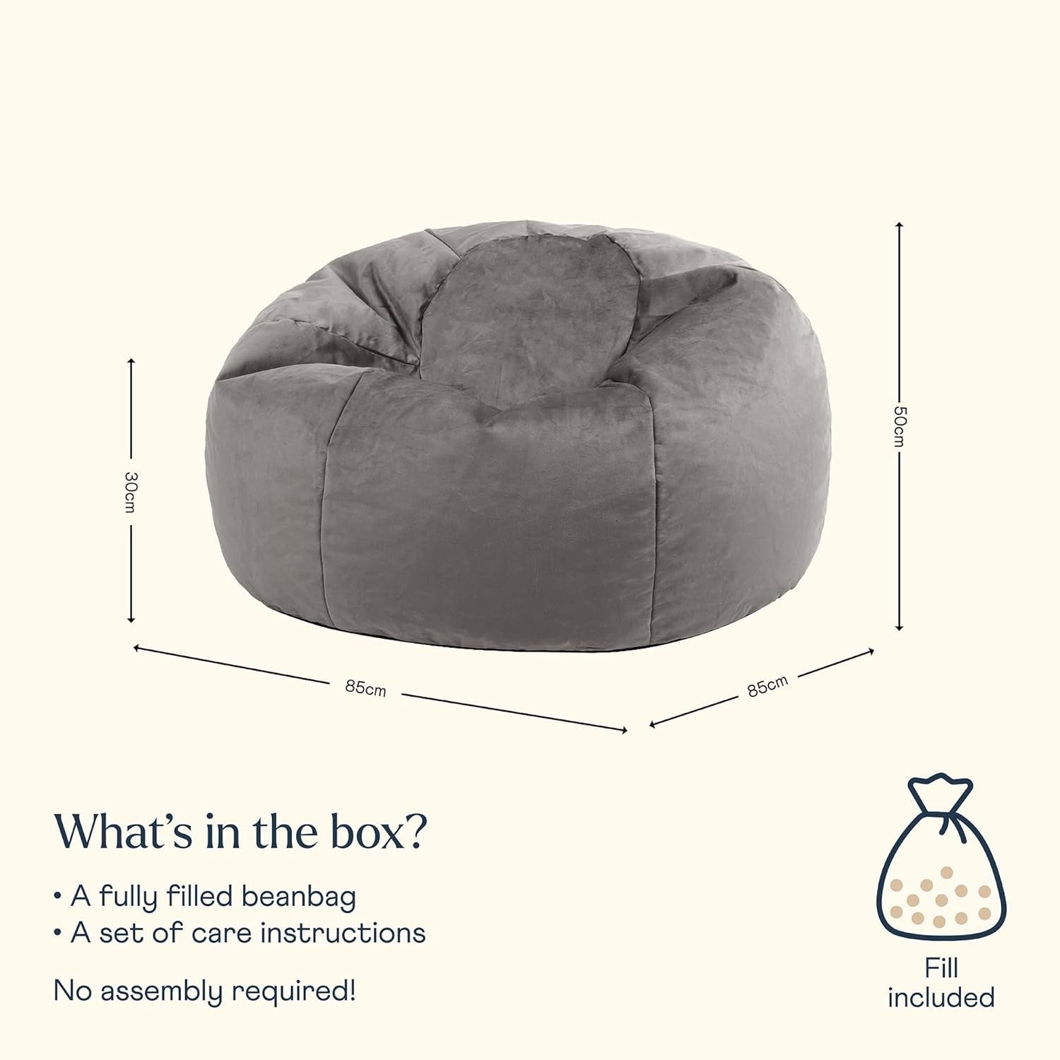 Large Grey Velvet Bean Bag Chair Adult Size | Comfy Lounge Seat