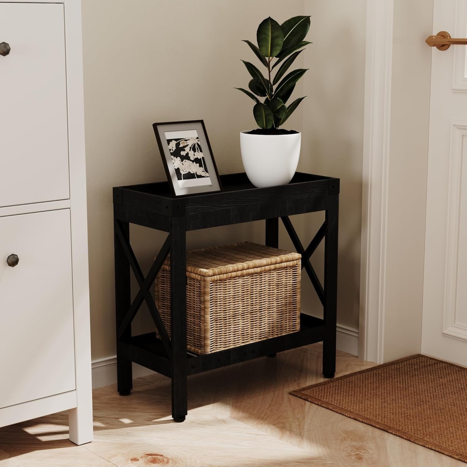 Narrow Black End Table with Storage Shelf – Compact Nightstand for Small Rooms