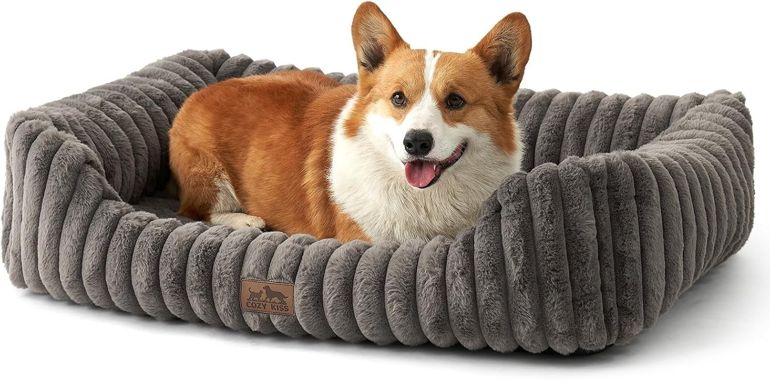 Large Orthopedic Dog Bed Faux Fur Washable 35x25in Grey