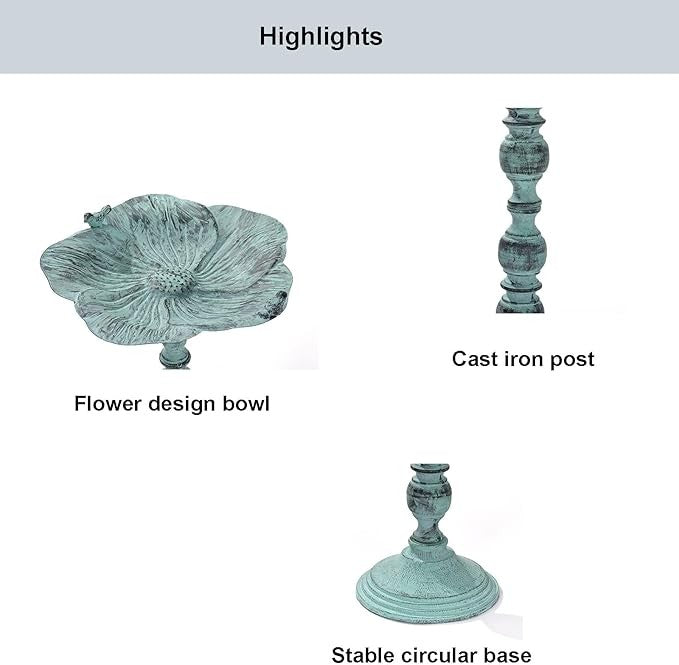 28" Antique Blue Iron Bird Bath Stand – Heavy Duty Outdoor Feeder Bowl