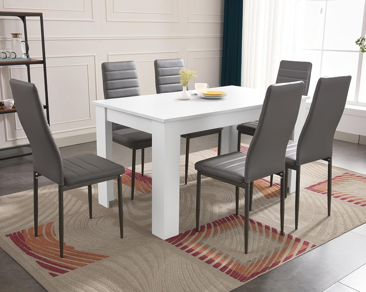 6-Piece Dining Set White Table & Grey PU Leather Chairs Modern 140x80cm