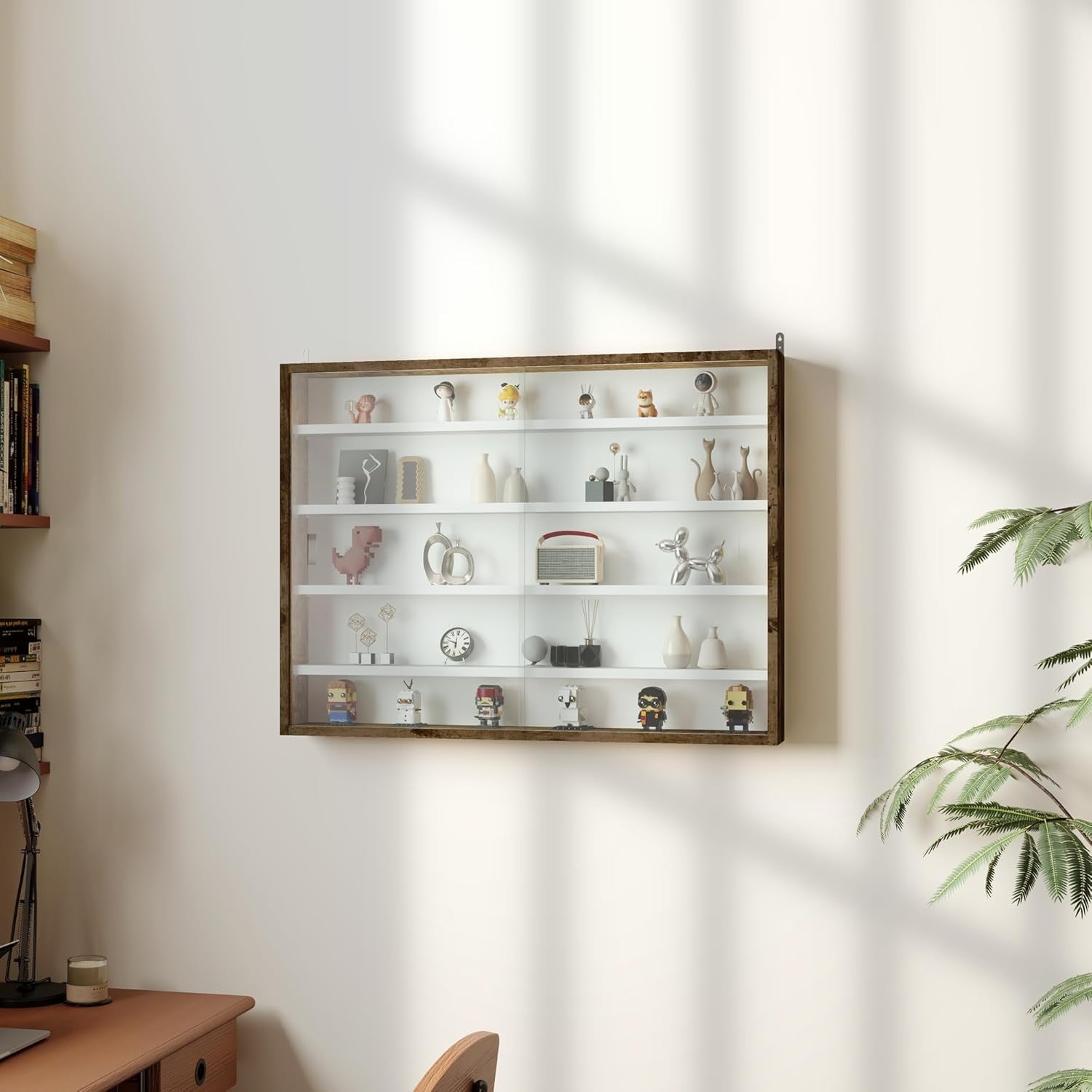 5-Tier Rustic Brown Display Cabinet | Wall-Mounted Glass Sliding Door Shelf 60×8
