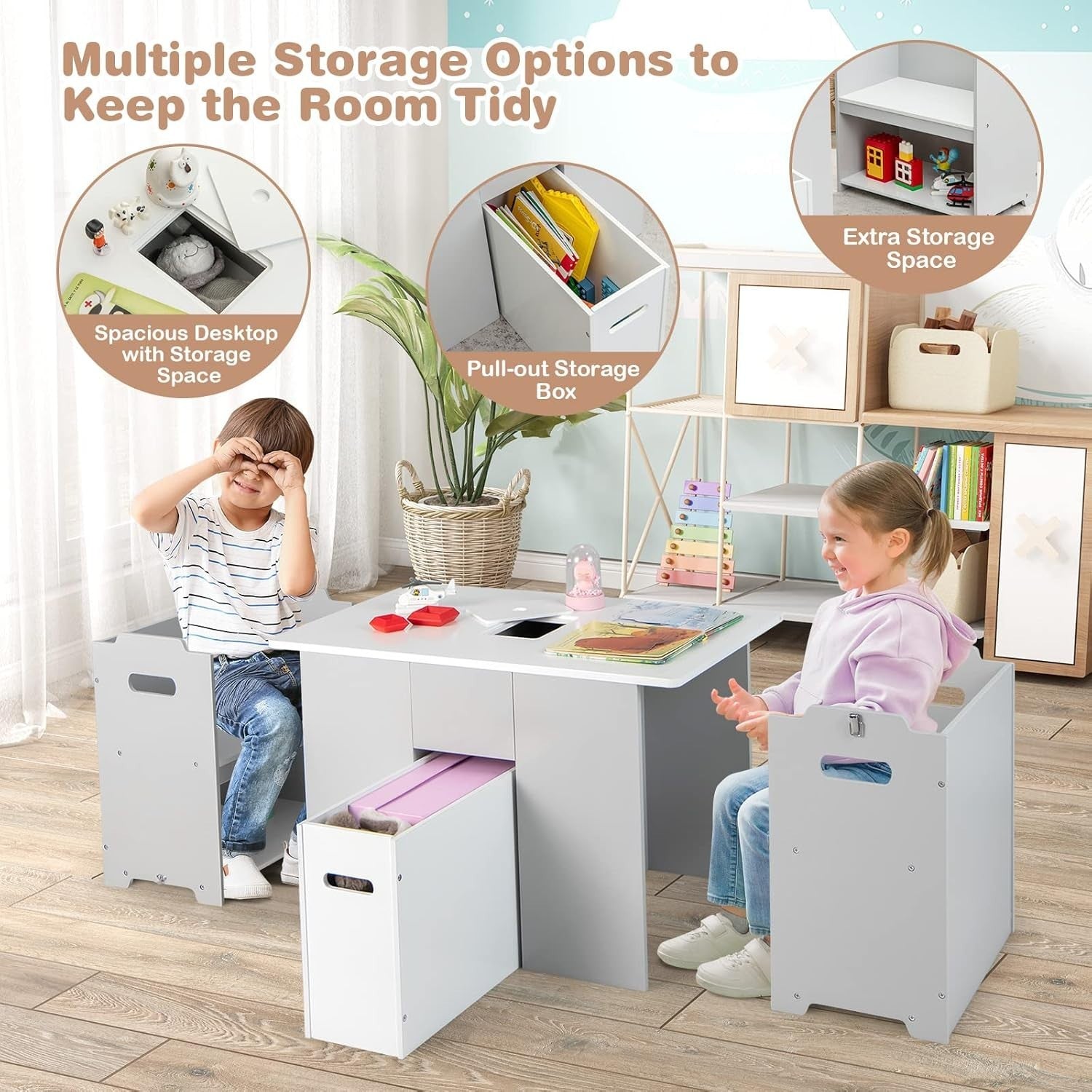 Kids Activity Table & Chair Set with Storage, Stackable Chairs, Grey & White