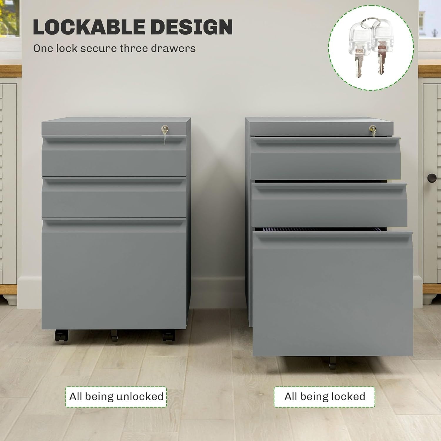 Grey 3 Drawer Lockable File Cabinet 39x48x60cm Mobile Alloy Steel