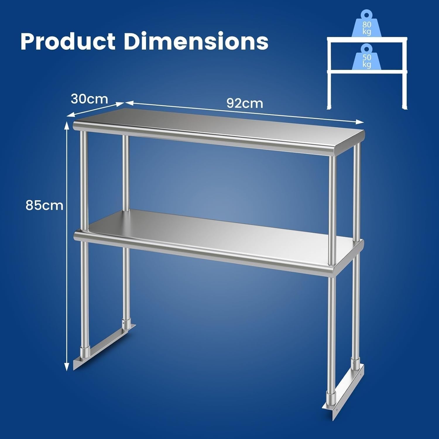 Stainless Steel Overshelf 92x30x85cm 2-Tier Adjustable Prep Table Heavy Duty