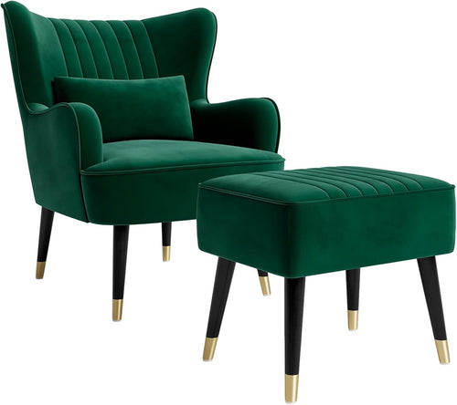 Velvet Wingback Armchair w/ Ottoman & Pillow Green Lounge Chair Home