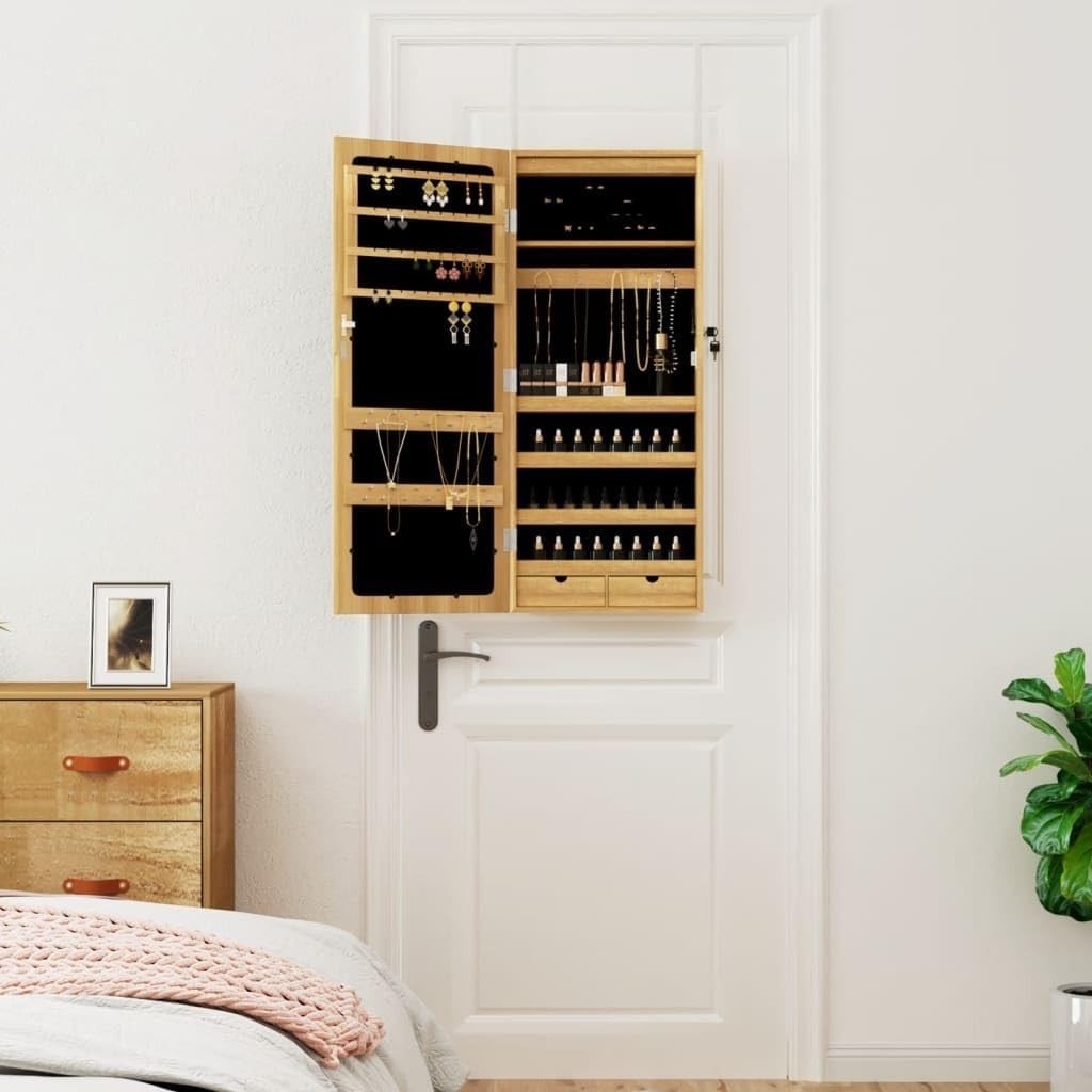 LED Wall Mounted Jewelry Cabinet Mirror Lockable Slim Storage Brown