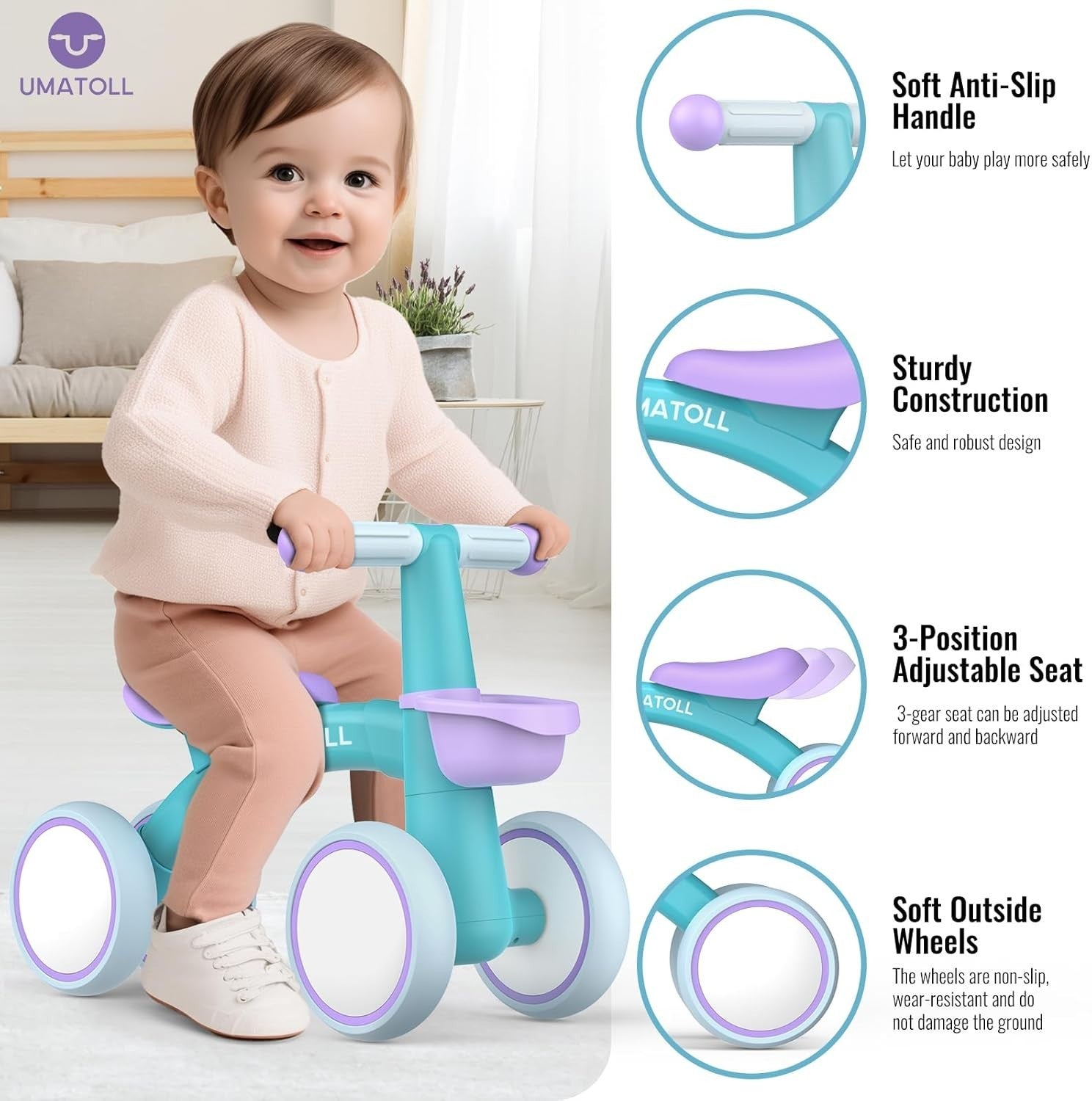 Baby Balance Bike 1 Year Old Toddler Ride On 4 Wheel Basket Purple Blue