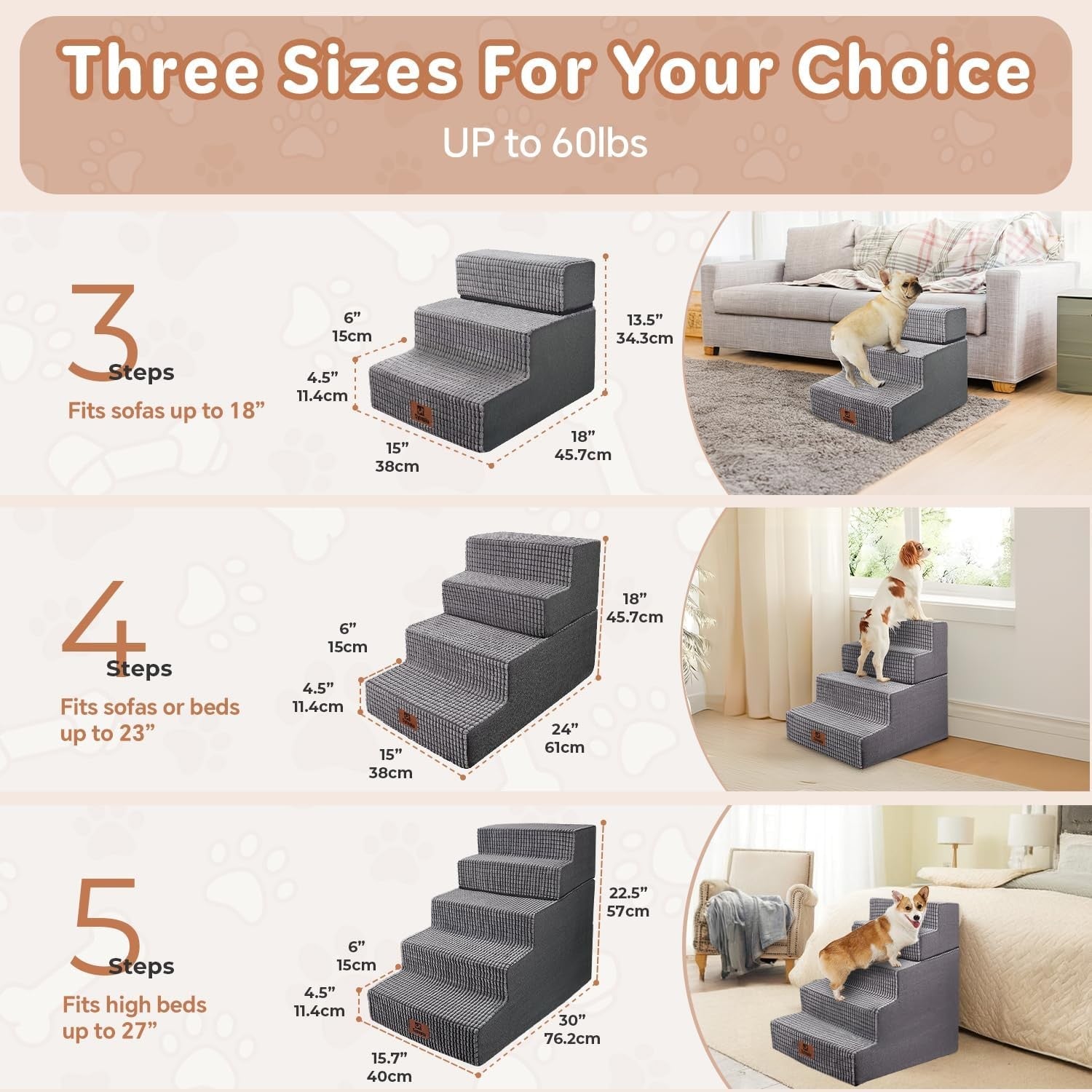 3 Step Dog Stairs Ramp for High Bed Non Slip Foldable Grey