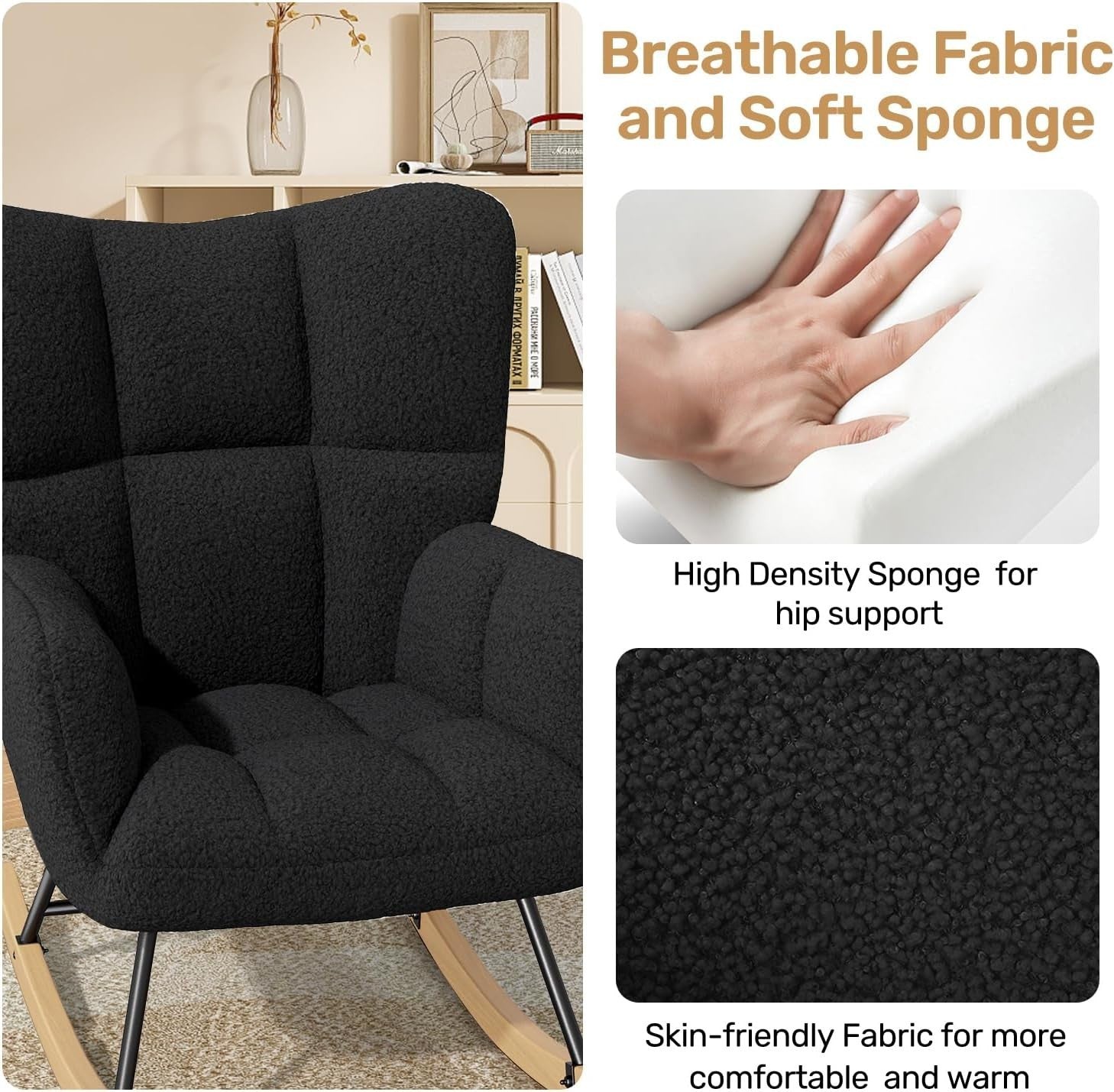 Comfy Tufted Rocking Chair High Back Memory Foam Load 136kg Living Room