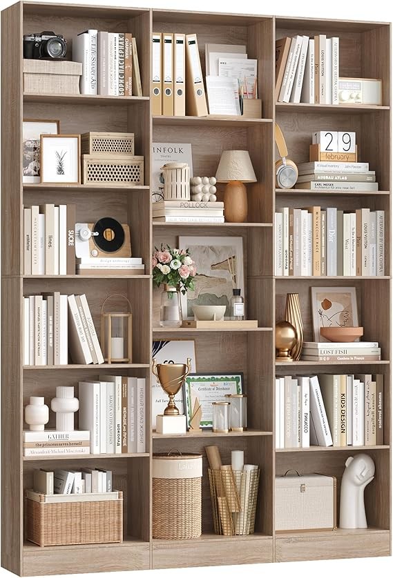 Tall 6-Tier Bookshelf with 17 Compartments Oak Storage Display Unit 188cm