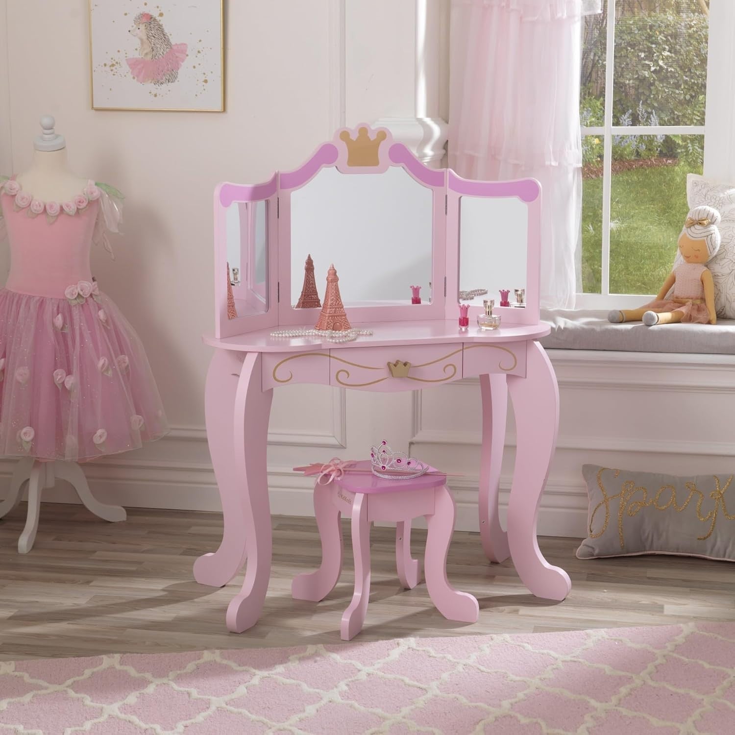 Kids Wooden Princess Vanity Table with Mirror, Stool & Storage Drawer