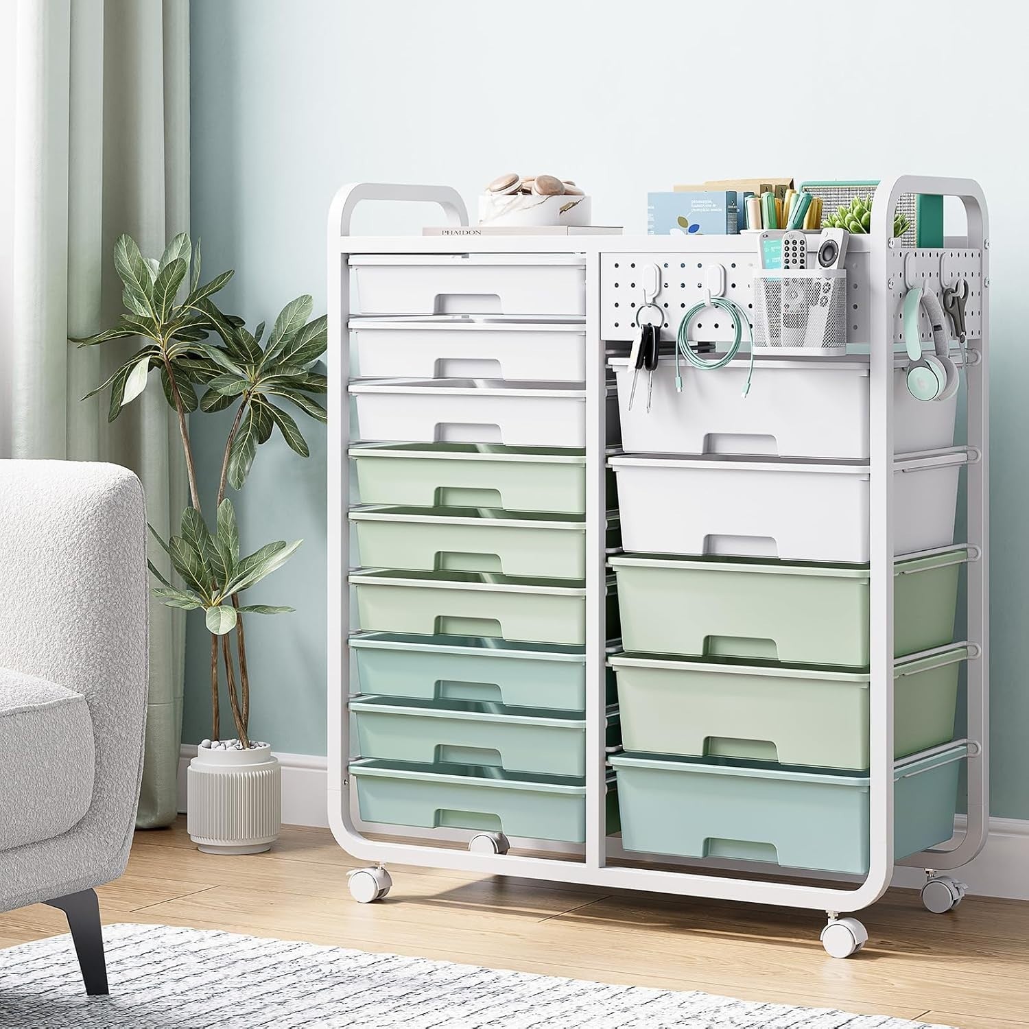 14 Drawer Craft Storage Trolley Cart Pegboard Organizer with Wheels