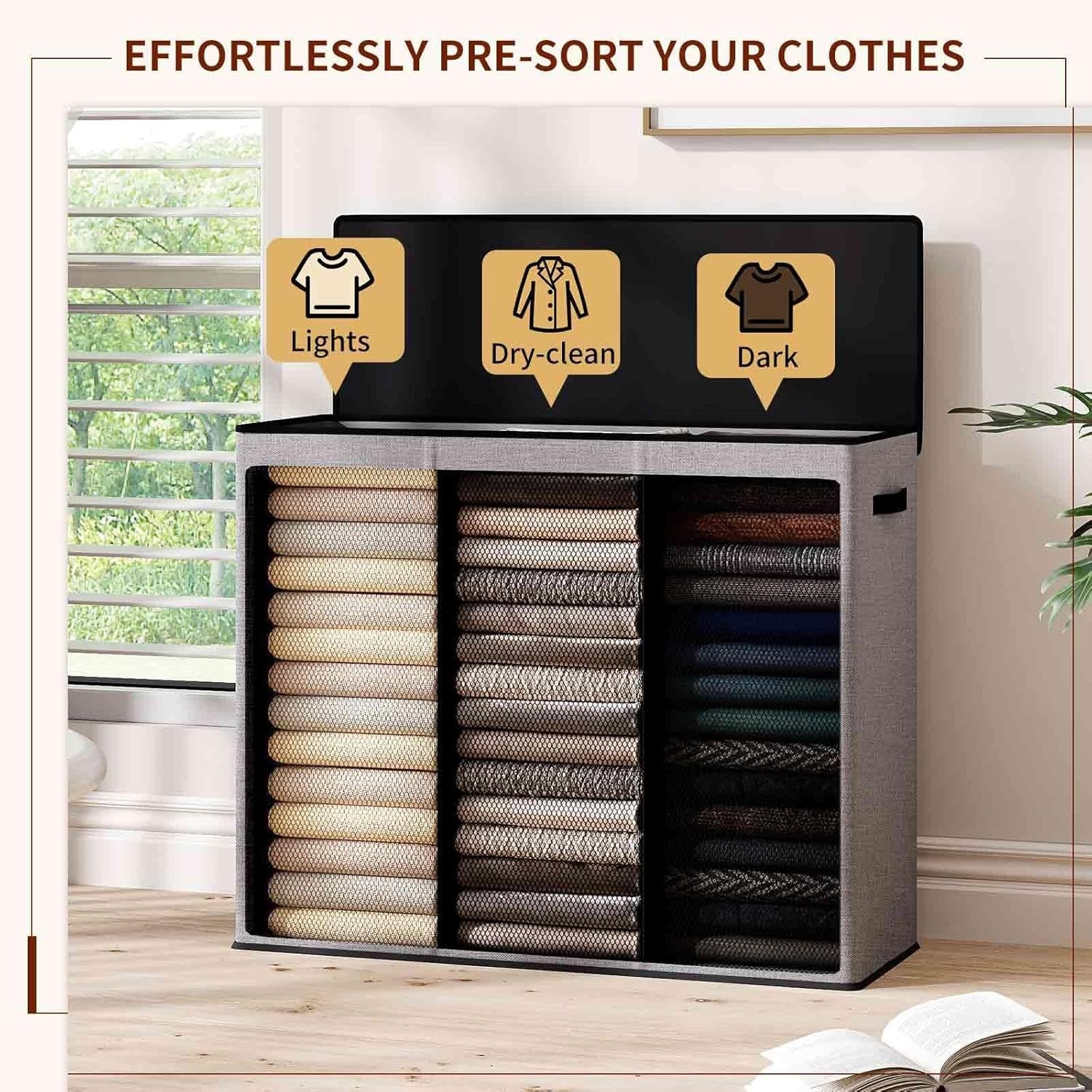 180L Large Laundry Hamper with Lid | 3-Section Sorter | Removable Bags, Grey