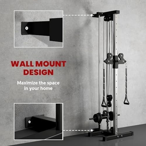 Adjustable Wall Mount Cable Machine, 15-Position Dual Pulley System Home Gym