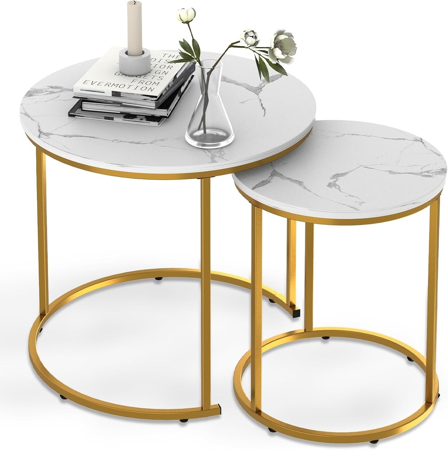 Gold Faux Marble Nesting Coffee Table Set 2 Round End Side Tables Storage
