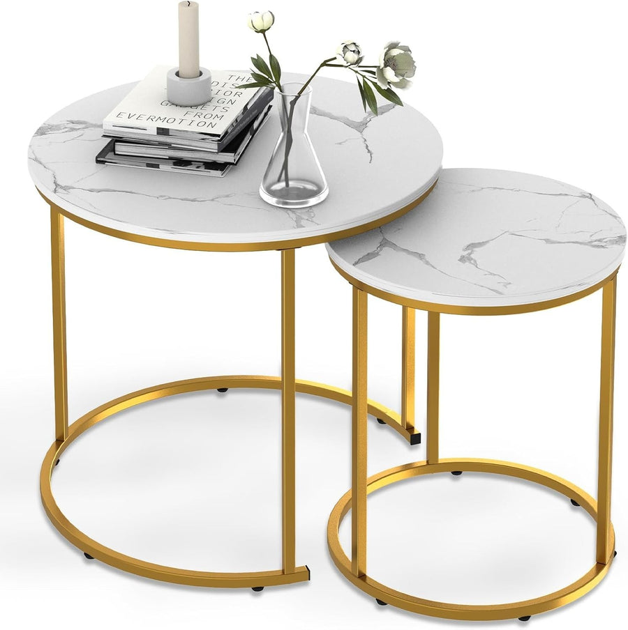 Gold Faux Marble Nesting Coffee Table Set 2 Round End Side Tables Storage