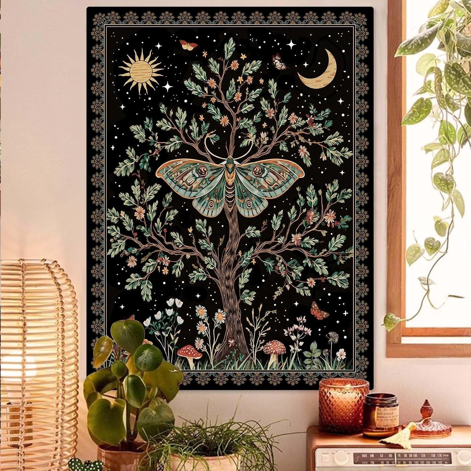 Tree of Life Wall Tapestry Celestial Moth Boho Decor 36x48