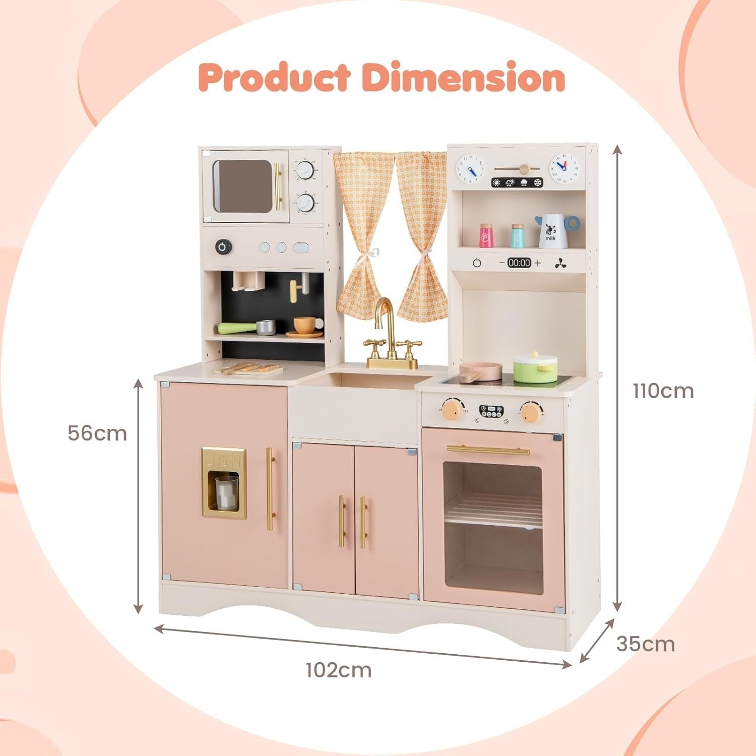 Kids Wooden Play Kitchen Pink w/ Ice Maker Microwave 17 Accessories