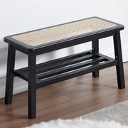 Black Rattan Dining Bench with Solid Wood Legs Entryway Shoe Storage Ottoman