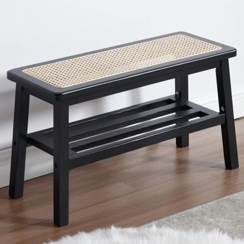 Black Rattan Dining Bench with Solid Wood Legs Entryway Shoe Storage Ottoman