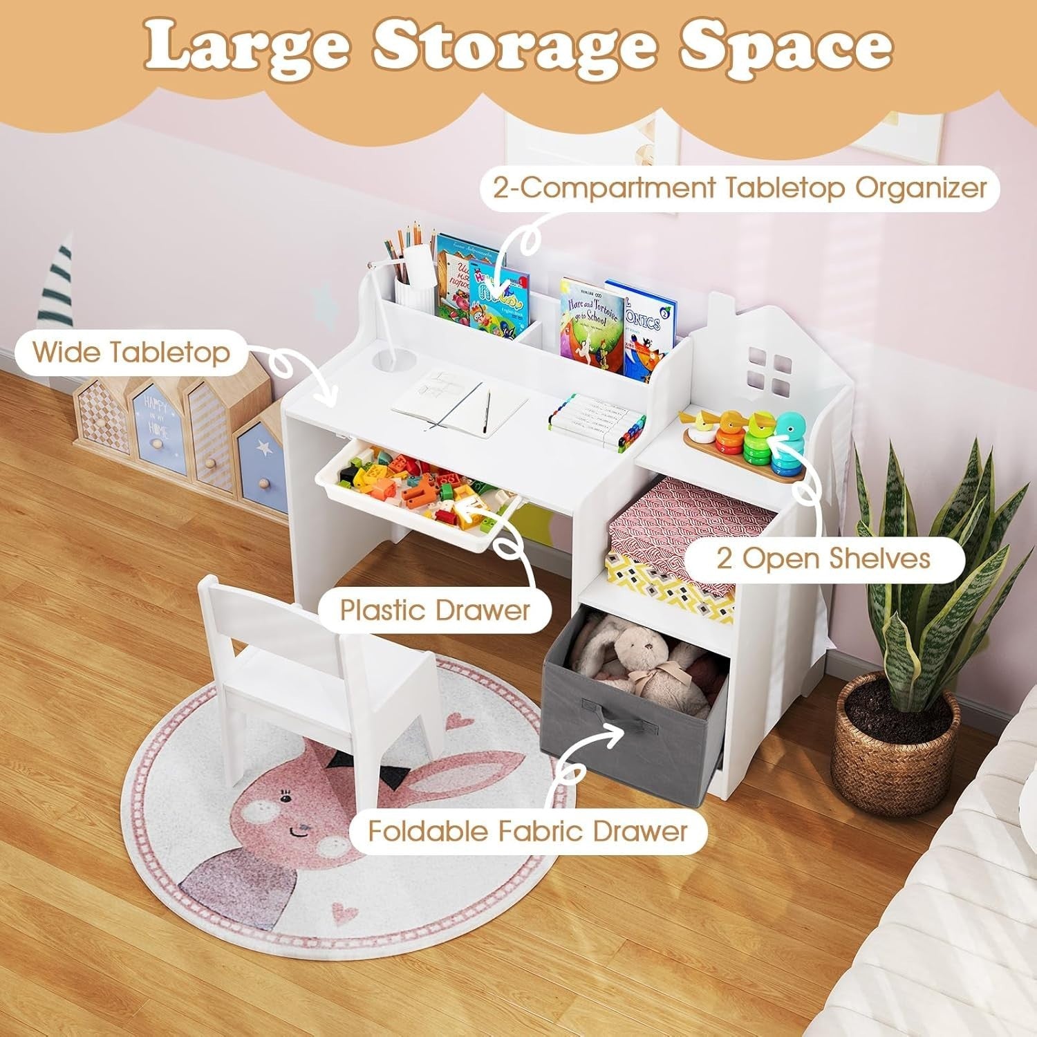Kids Desk & Chair Set with Storage Drawers Bookshelves for Learning Play