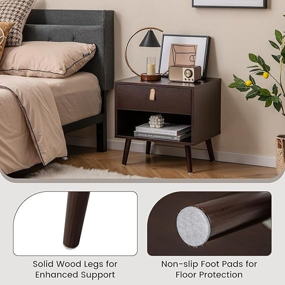 Mid-Century Bedside Table with Drawer & Shelf, Solid Wood Legs, Small Space