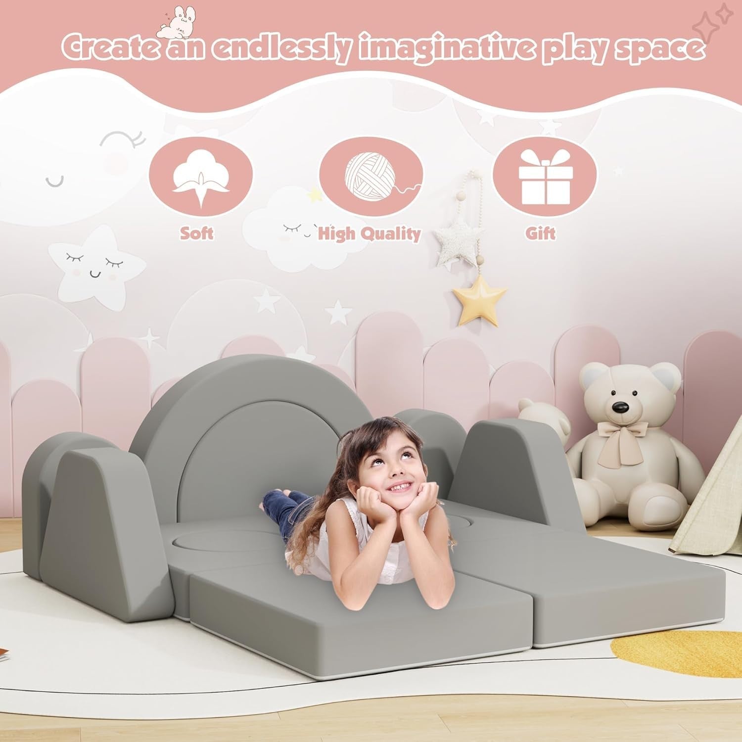 Modular Kids Play Couch & Sofa Bed, Soft Foam Fort for Creative Play