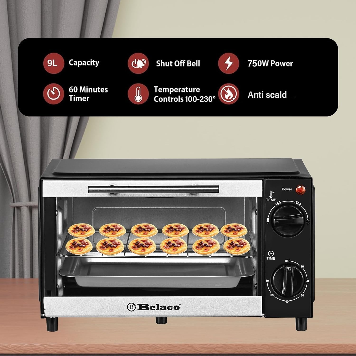 9L Mini Toaster Oven Portable Baking Grill 750W Adjustable Temp Timer
