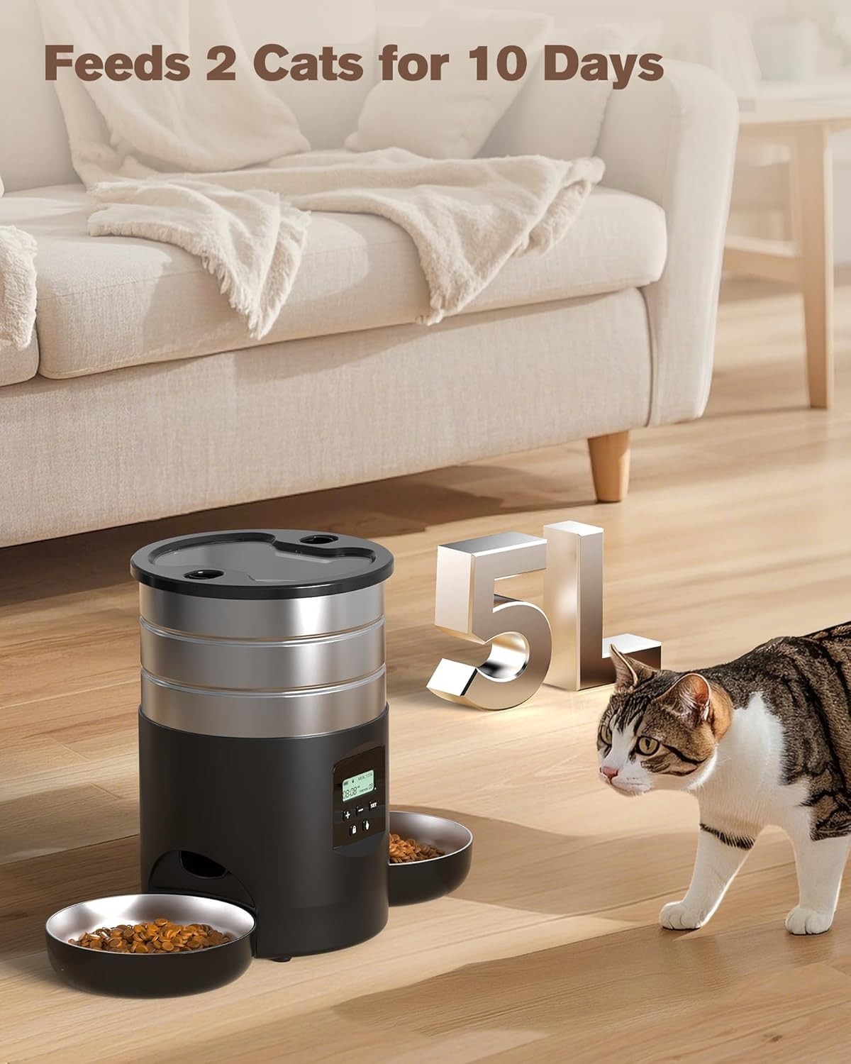 Automatic Cat Feeder for 2 Cats 5L Timed Food Dispenser Dual Bowls
