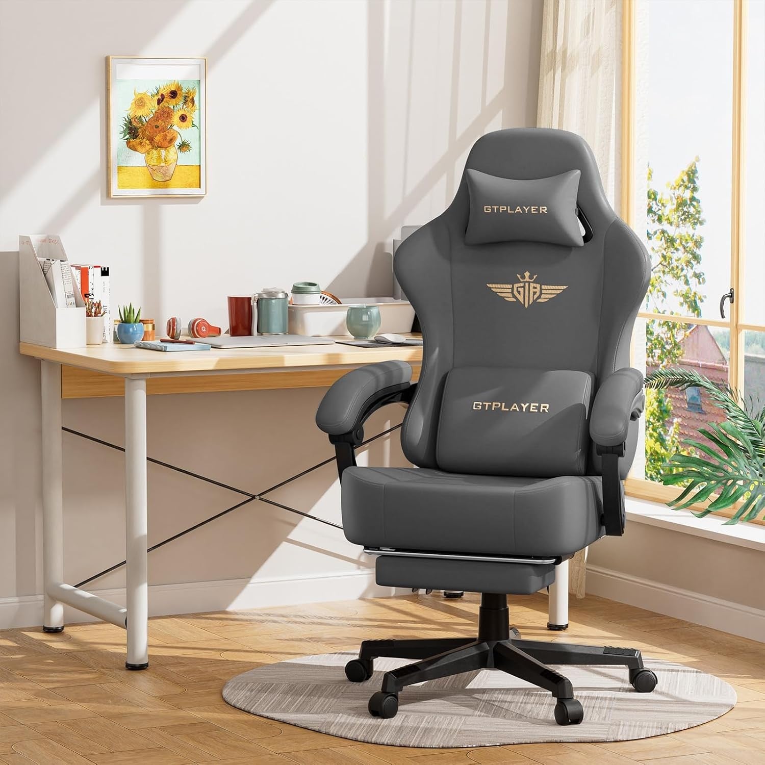 Ergonomic Gaming Chair w/ Footrest Reclining Office Desk Grey