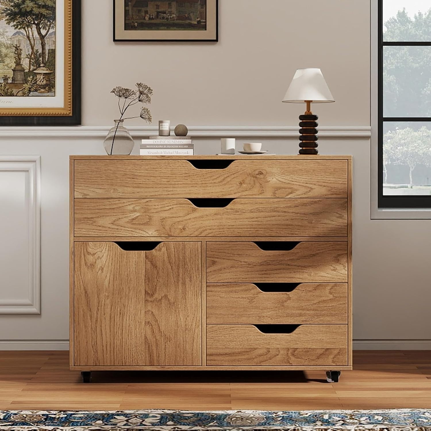 Natural Wood Mobile File Cabinet 77x40x64cm 5 Drawer Printer Stand