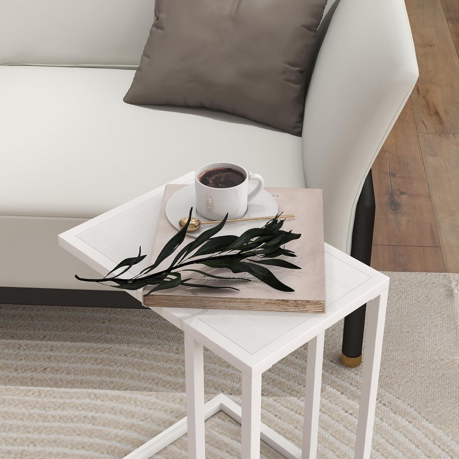 White Wood C Shape Sofa Side Table | Narrow Metal Frame Snack Coffee Table