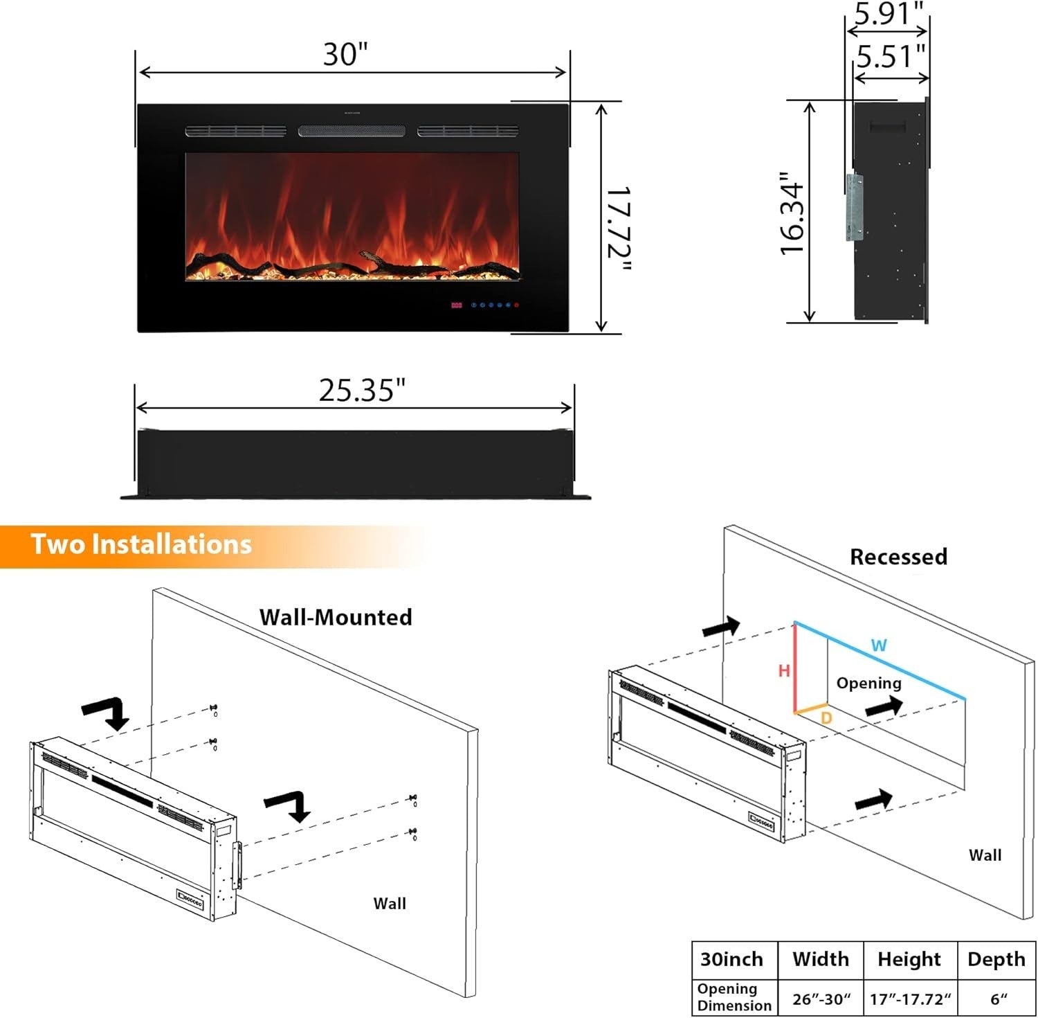 30” Wall Mounted Electric Fireplace Heater LED Flame Remote Timer