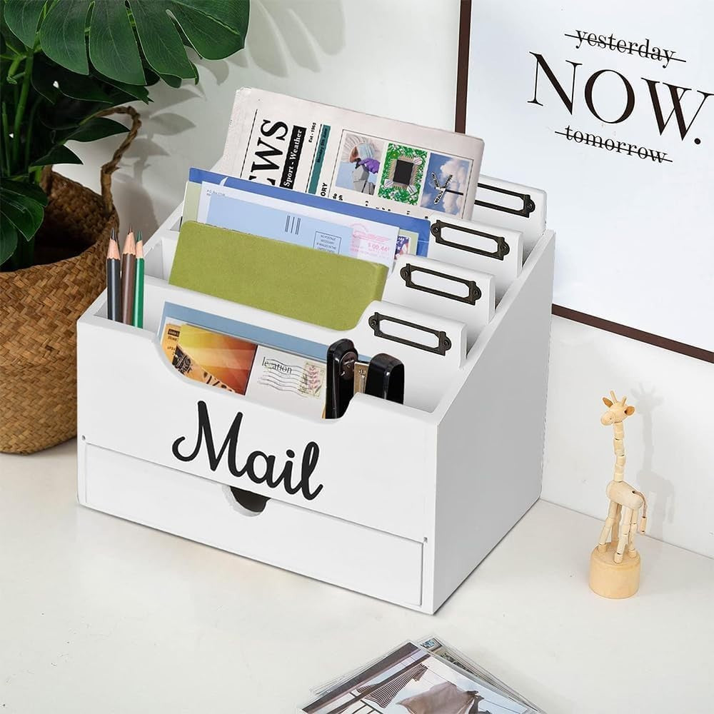 Wood Desktop Mail Organizer with Drawer 4 Compartment File Holder