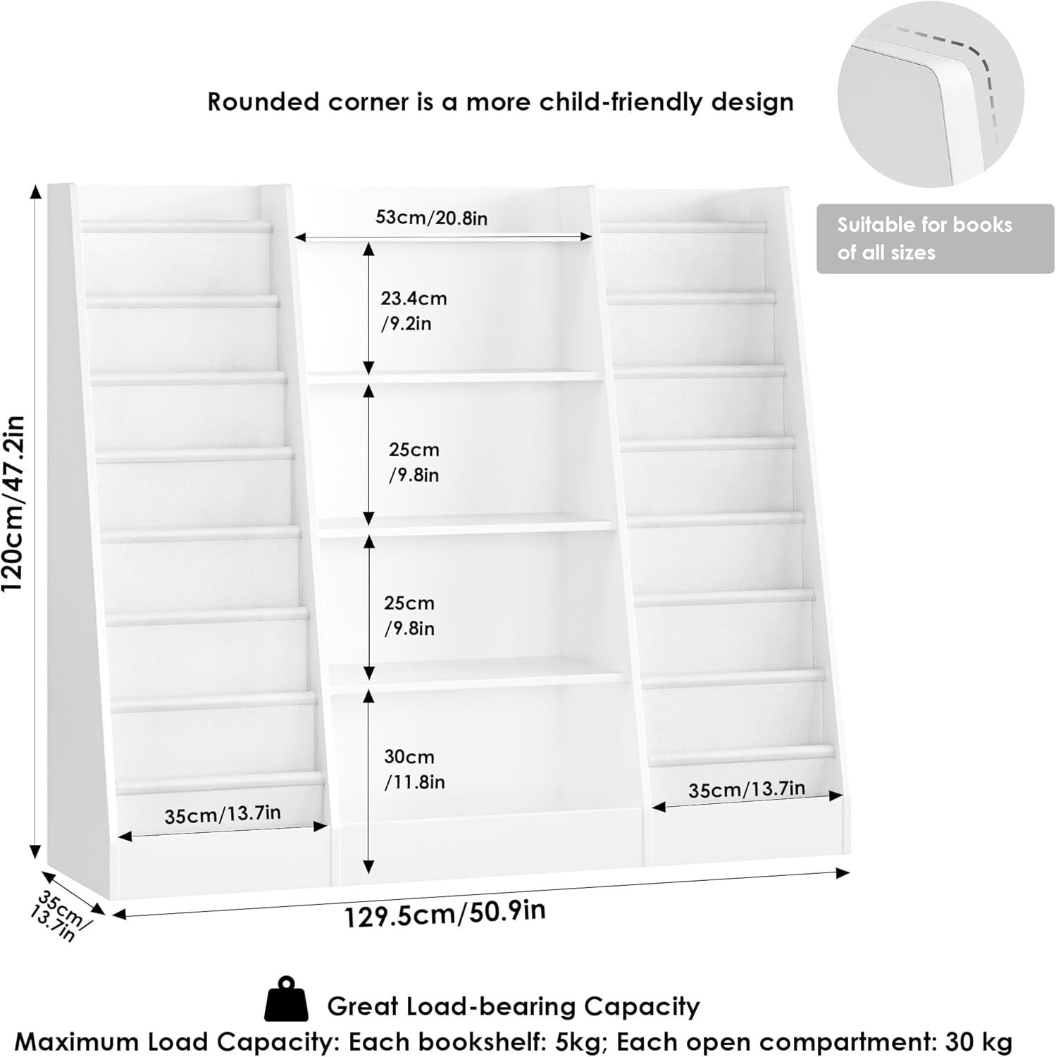 Kids Bookshelf Toy Storage Unit with 14 Sling Shelves & 5 Open Racks 129cm