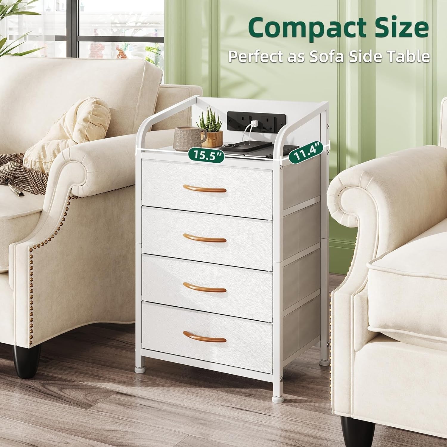White Bedside Cabinet with Charging Station 4-Drawer Storage Chest 71cm