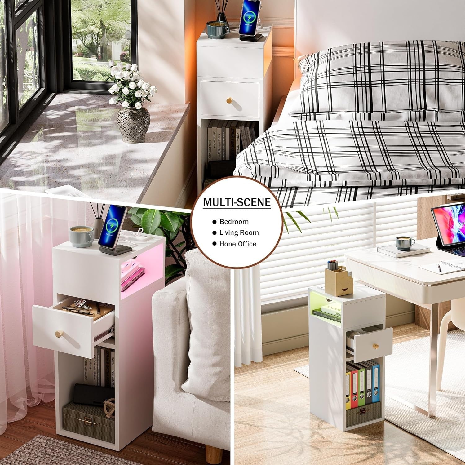 Slim White Bedside Table with RGB Lights & Charging Station | Modern Nightstand