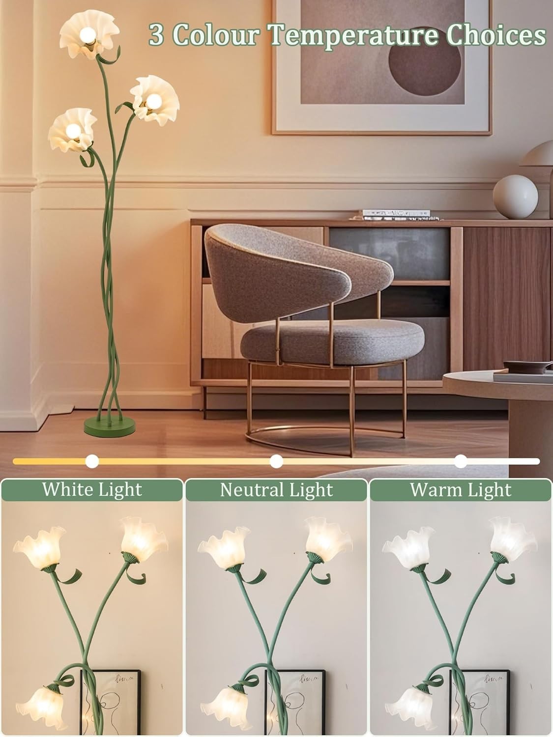 LED Flower Floor Lamp for Living Room, Adjustable 3-Light Reading Lamp